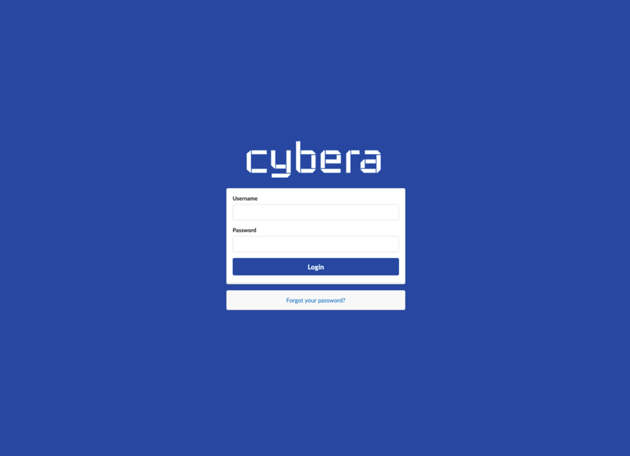 Redesigned login page for Cybera’s timesheet system featuring a clean and modern layout. The page has a blue background with the Cybera logo displayed prominently above a centered login form, which includes fields for ‘Username’ and ‘Password’ and a blue ‘Login’ button. Below the form is a ‘Forgot your password?’ link for account recovery.