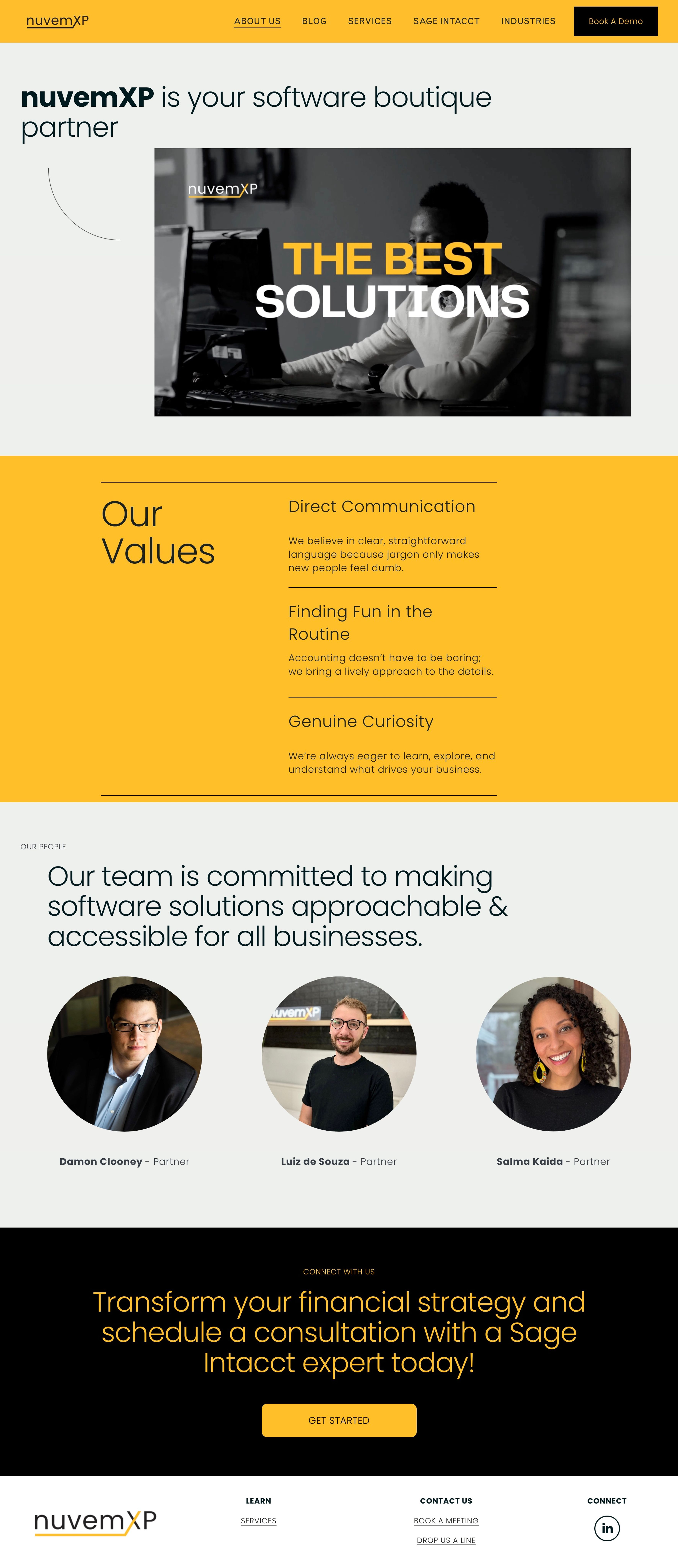 A screenshot of nuvemXP’s ‘About Us’ page, highlighting the company’s values, including jargon-free language, and featuring team member profiles. The design is clean and approachable, with a bright yellow and black layout, reflecting the company’s commitment to clarity and accessibility.