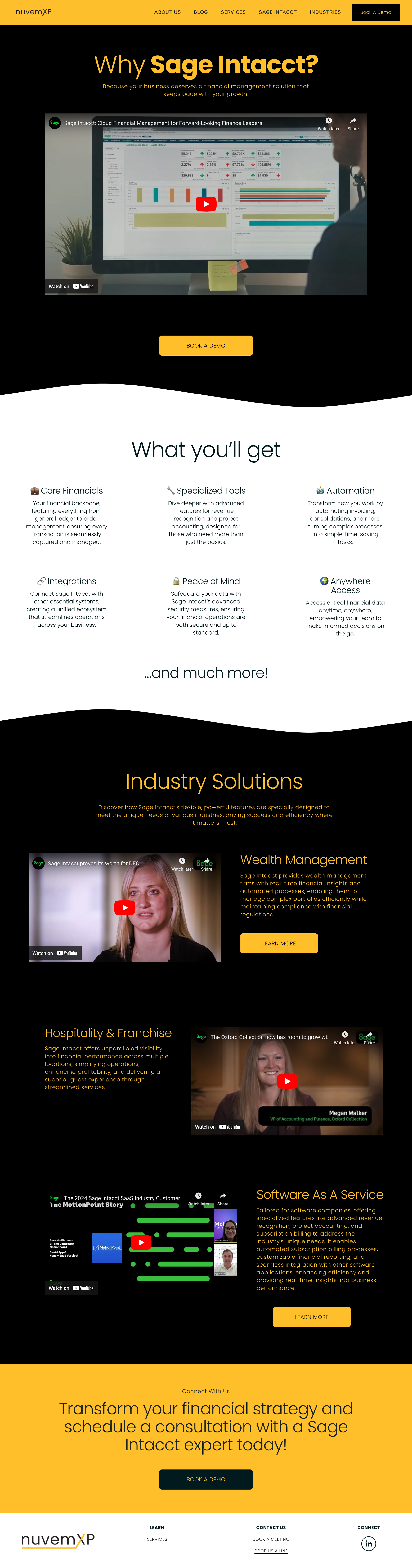 A screenshot of nuvemXP’s “Why Sage Intacct?” page, featuring a modern layout with a dark background. The page includes a video at the top explaining Sage Intacct’s financial management benefits, followed by a “What you’ll get” section listing features like automation, integrations, and remote access. Below, the “Industry Solutions” section highlights tailored benefits for industries such as wealth management, hospitality and franchises, and software-as-a-service, accompanied by testimonial videos.