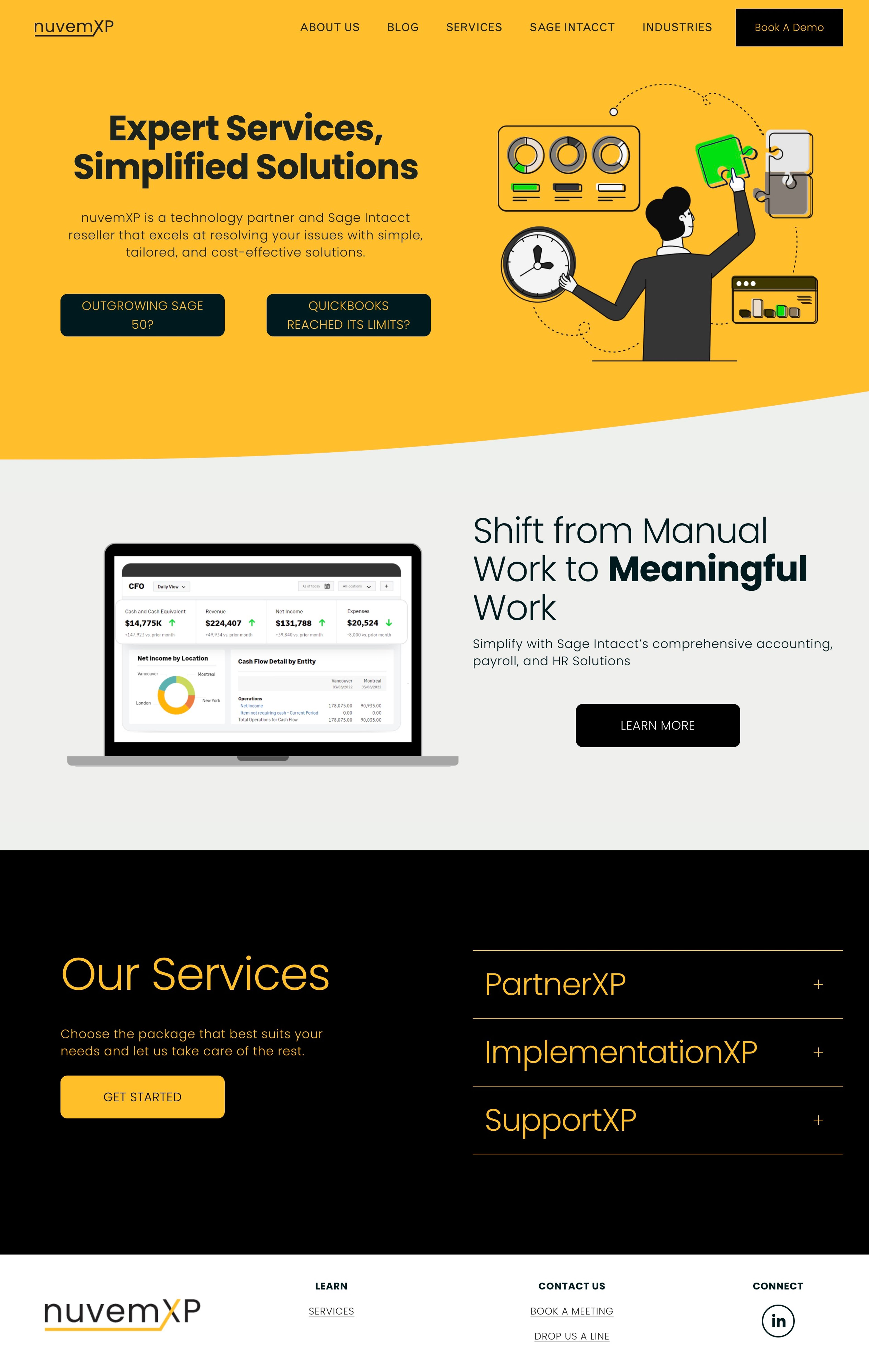 A screenshot of nuvemXP’s homepage featuring a yellow and black design. The page highlights their tagline, ‘Expert Services, Simplified Solutions,’ with a modern illustration. Below, sections showcase service offerings such as PartnerXP, ImplementationXP, and SupportXP, along with a call-to-action to ‘Get Started.’