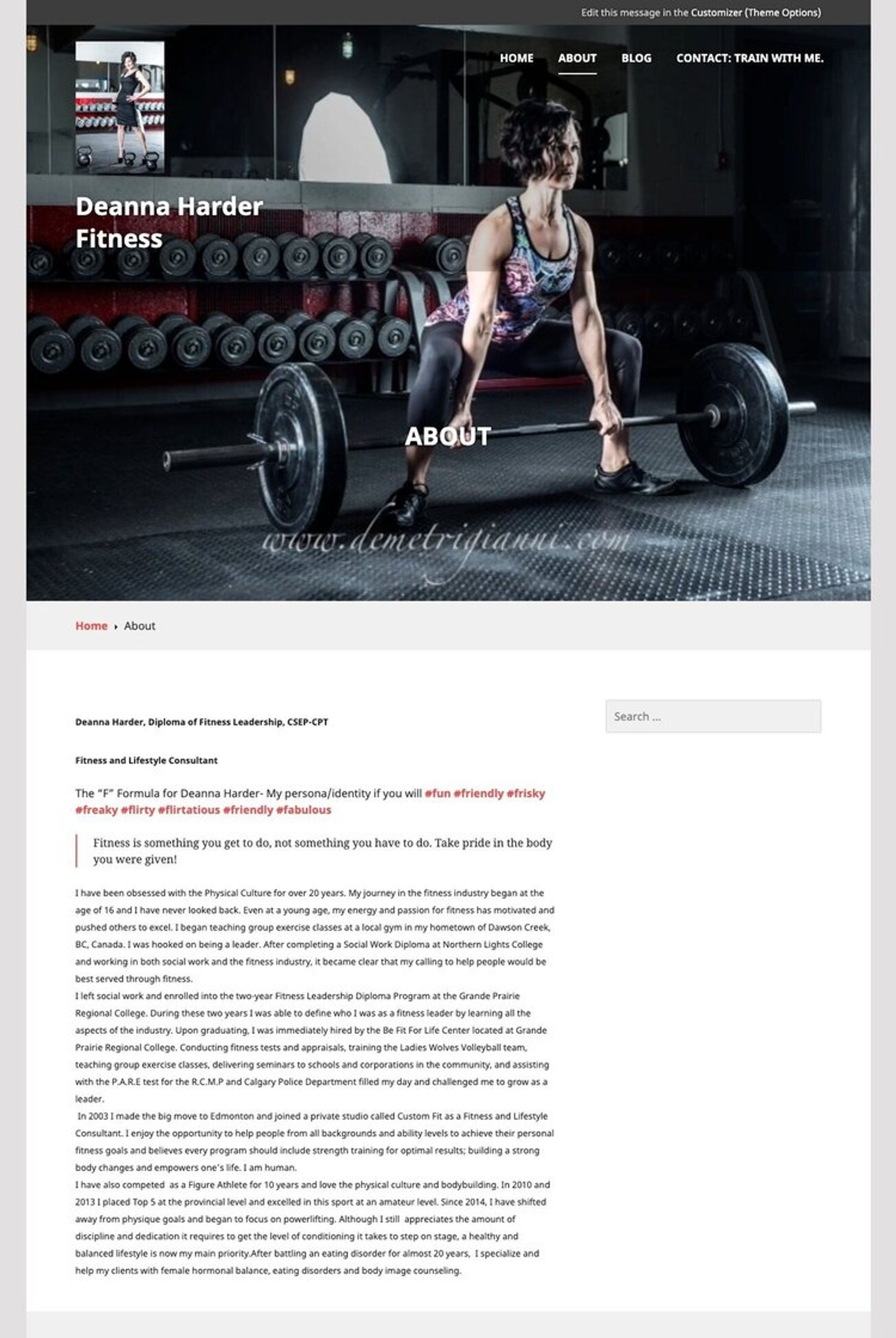 Old About page for Deanna Harder Fitness, featuring a photo of Deanna performing a deadlift in a gym with text overlaid on the image. The page includes a detailed biography, emphasizing her background, qualifications, and fitness philosophy. The design is simple and structured like a standard blog layout with a search bar on the right.