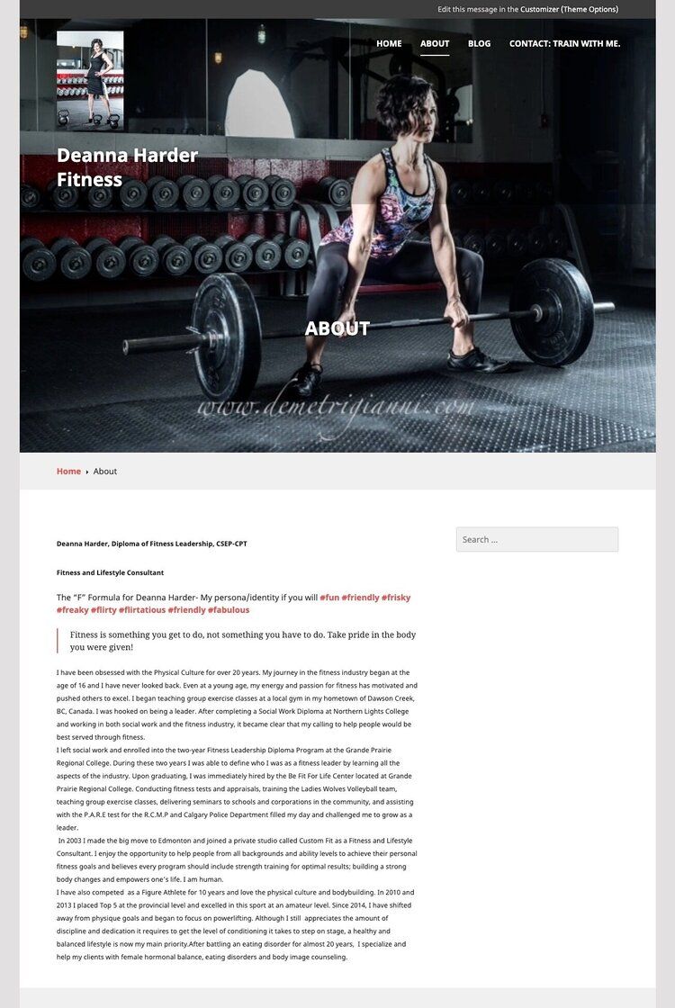 Old About page for Deanna Harder Fitness, featuring a photo of Deanna performing a deadlift in a gym with text overlaid on the image. The page includes a detailed biography, emphasizing her background, qualifications, and fitness philosophy. The design is simple and structured like a standard blog layout with a search bar on the right.
