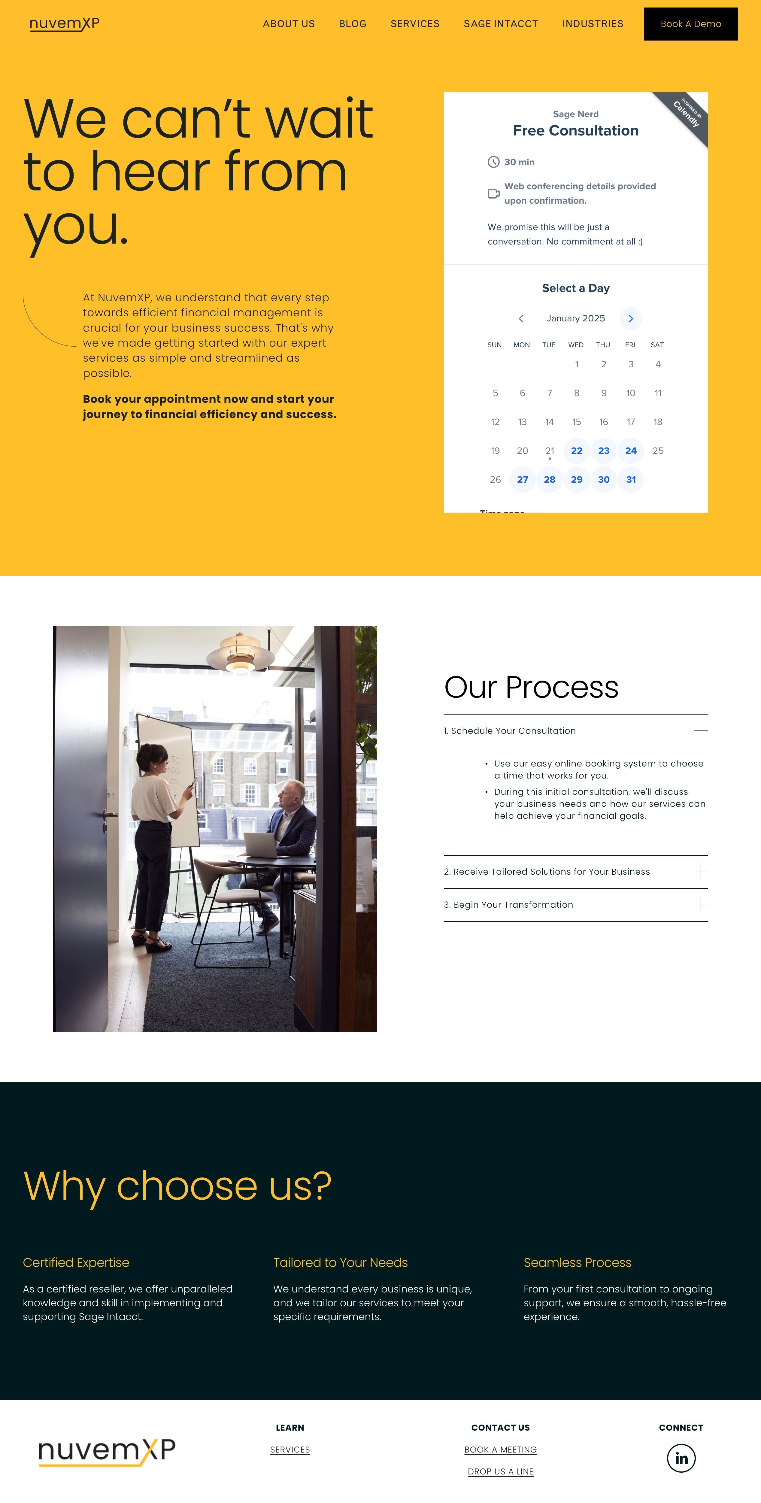 Contact page for nuvemXP featuring a prominent tagline, a free consultation booking calendar, an image of a consultation meeting, and a clear three-step process.