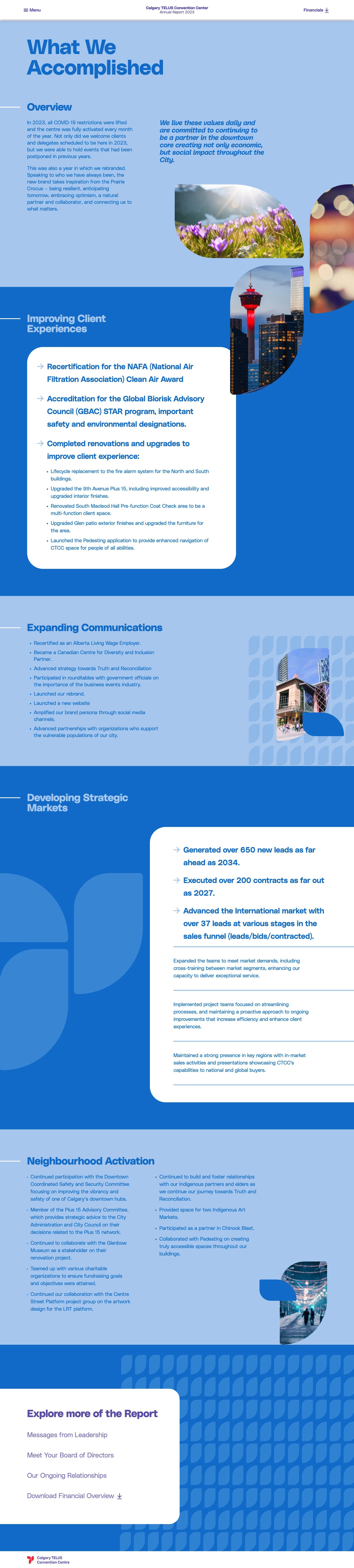 A screenshot of the “What We Accomplished” page from the Calgary TELUS Convention Center Annual Report 2023, featuring an overview of achievements with sections on improving client experiences, expanding communications, developing strategic markets, and neighborhood activation. The page showcases multiple parallax elements, including CTCC-branded graphics, images of Calgary landmarks, and geometric patterns.