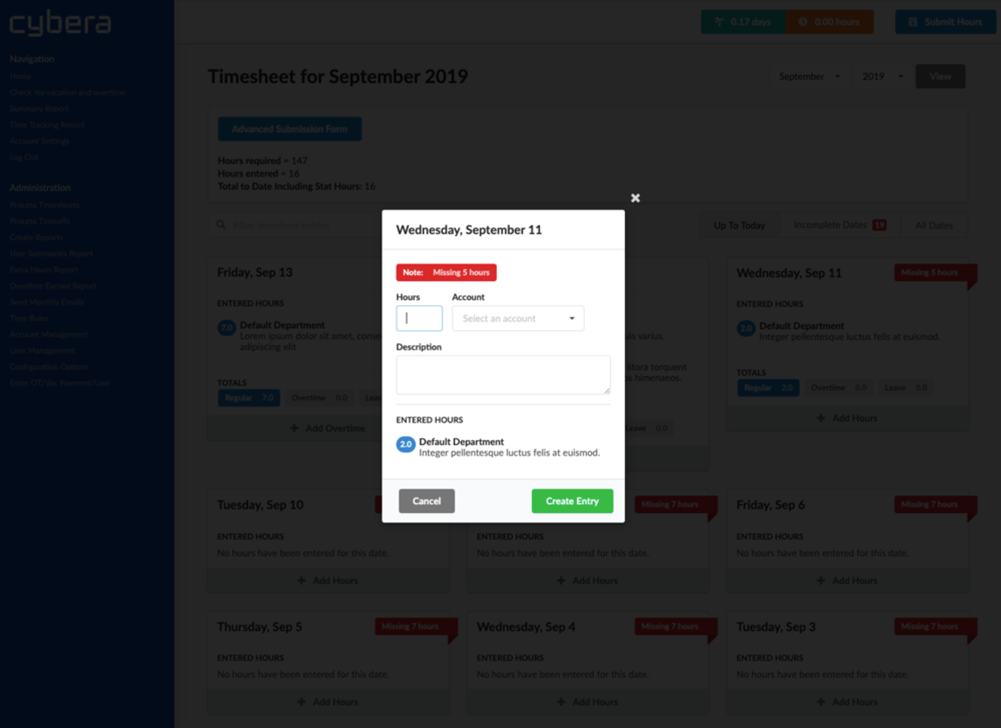 New hour entry modal in Cybera’s redesigned timesheet system. The modal displays fields for hours, account selection with autocomplete, and a description. A note at the top highlights the number of missing hours, and existing entries for the selected day are listed at the bottom. The modal includes ‘Cancel’ and ‘Create Entry’ buttons.