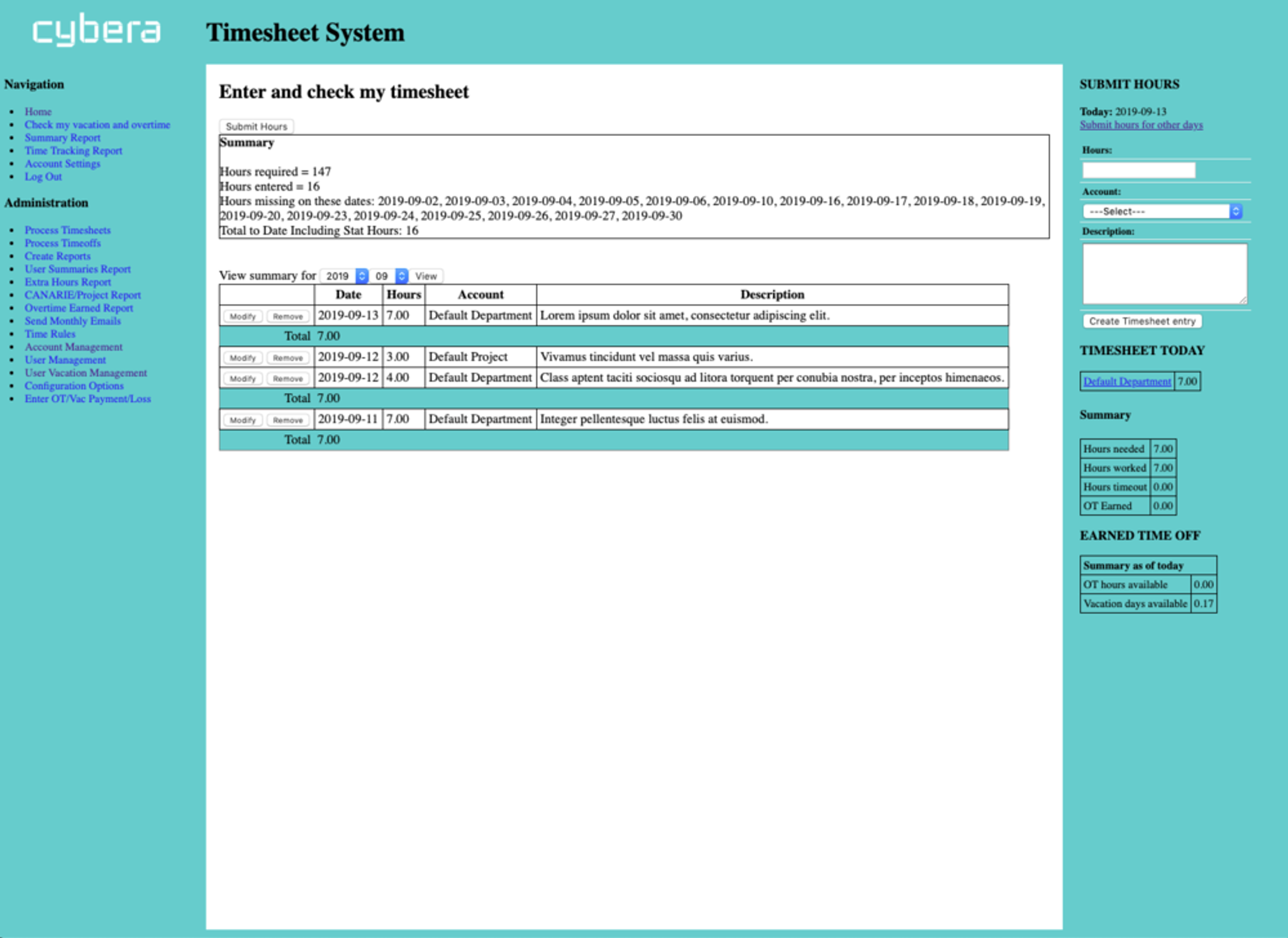 Old version of Cybera’s timesheet system, featuring a table-based layout with minimal styling and a teal color scheme. The page displays a list of timesheet entries with options to modify or remove them, alongside summary information such as hours needed, hours worked, and vacation days available. Navigation links are located on the left sidebar, while timesheet entry fields and additional options are in a right-hand panel.