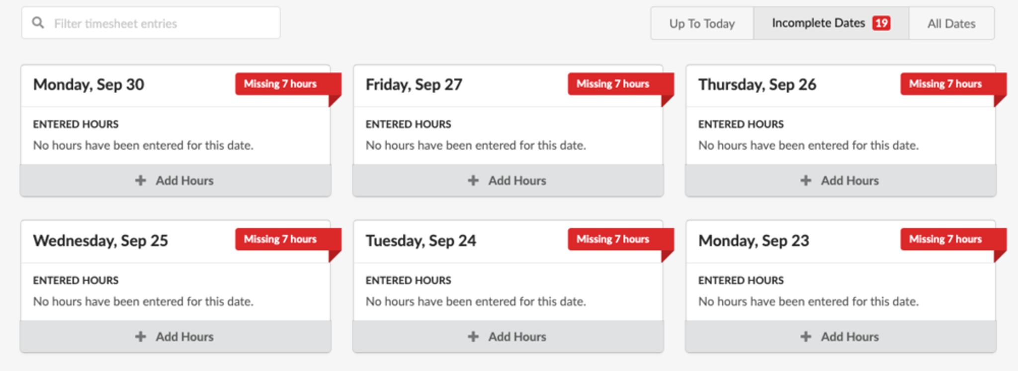 New feature showcasing responsive filters in Cybera’s redesigned timesheet system. The interface displays a grid of date cards with missing hours highlighted by red banners labeled ‘Missing 7 hours.’ A filter menu at the top allows users to quickly switch between ‘Up To Today,’ ‘Incomplete Dates,’ and ‘All Dates.’