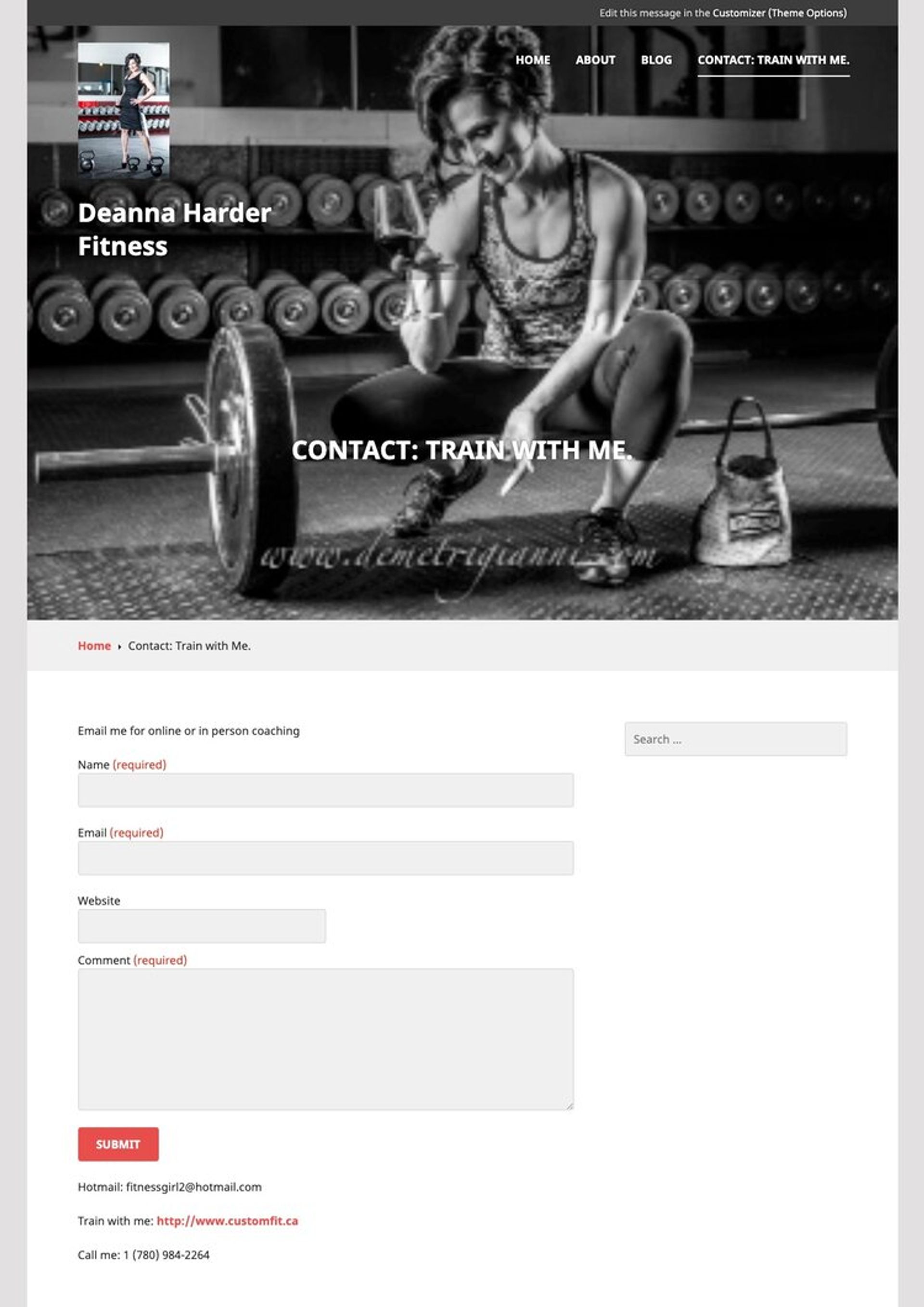 Old Contact page for Deanna Harder Fitness, featuring a low-resolution, watermarked image of Deanna at the gym as the header. The page includes a simple contact form with fields for name, email, website, and comments, along with her email address, website link, and phone number at the bottom.