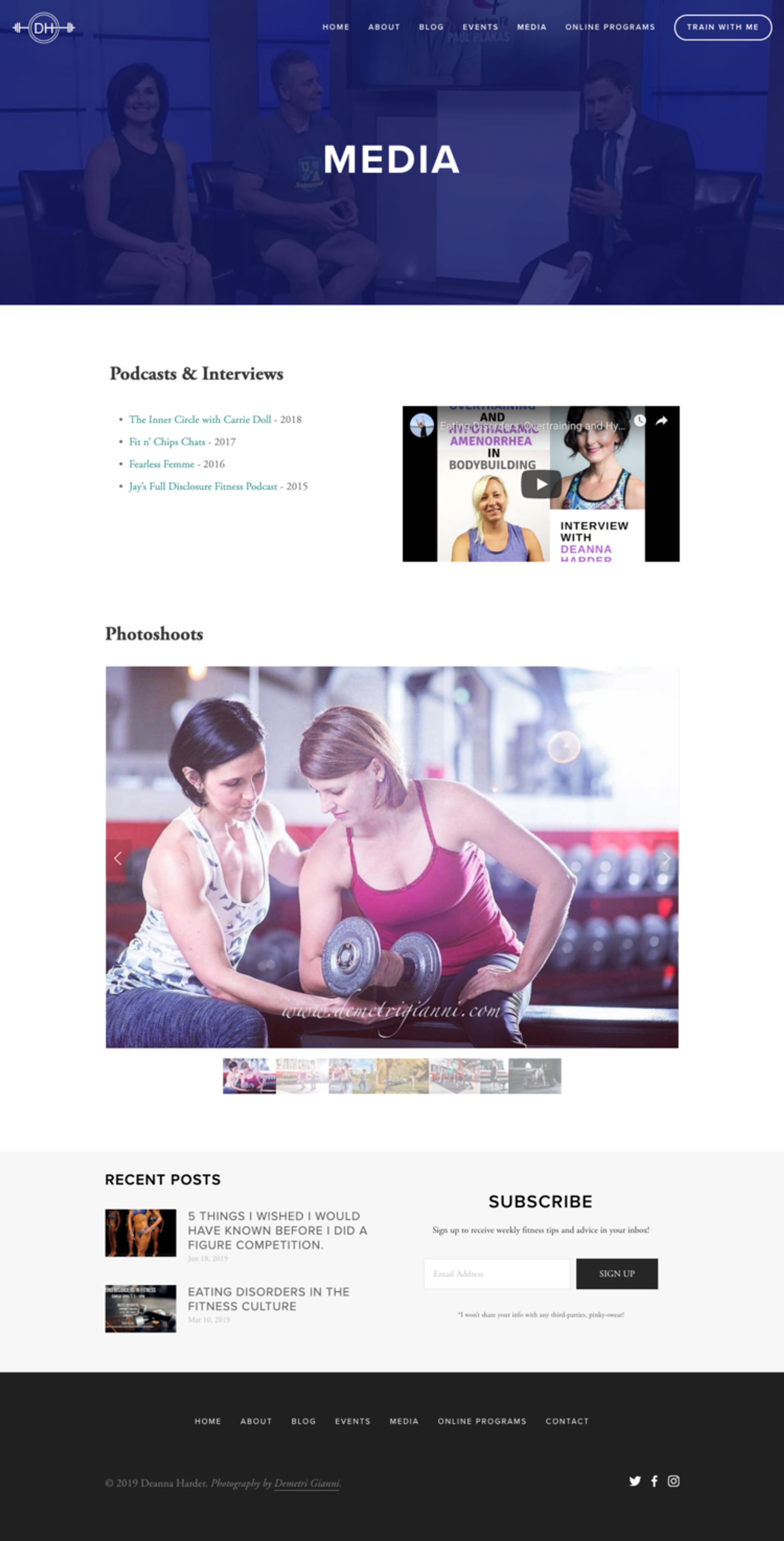 New Media page for Deanna Harder Fitness, featuring a header image of Deanna during a TV interview. The page includes sections for ‘Podcasts & Interviews,’ with a list of recent podcast appearances and a featured video, as well as a ‘Photoshoots’ section displaying professional fitness images in a carousel. Recent blog posts and a subscription form are displayed at the bottom