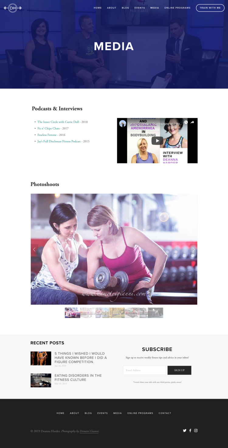 New Media page for Deanna Harder Fitness, featuring a header image of Deanna during a TV interview. The page includes sections for ‘Podcasts & Interviews,’ with a list of recent podcast appearances and a featured video, as well as a ‘Photoshoots’ section displaying professional fitness images in a carousel. Recent blog posts and a subscription form are displayed at the bottom