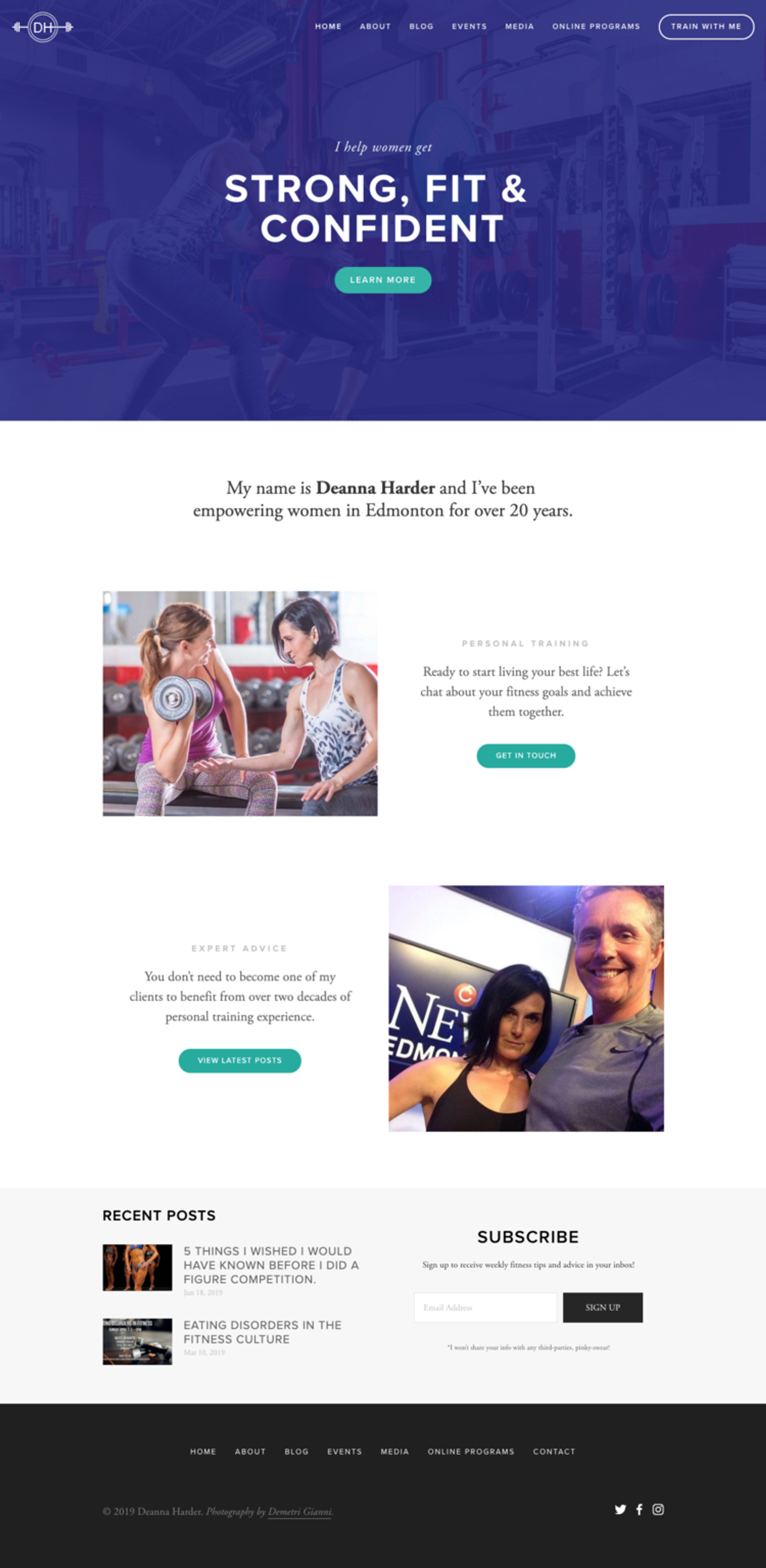 Redesigned homepage for Deanna Harder Fitness, featuring a modern design with a bold tagline, ‘Strong, Fit & Confident,’ overlaid on an image of Deanna training a client in a gym. The page includes clear navigation links, sections for personal training, expert advice, and client stories, along with a blog preview and email subscription form at the bottom.