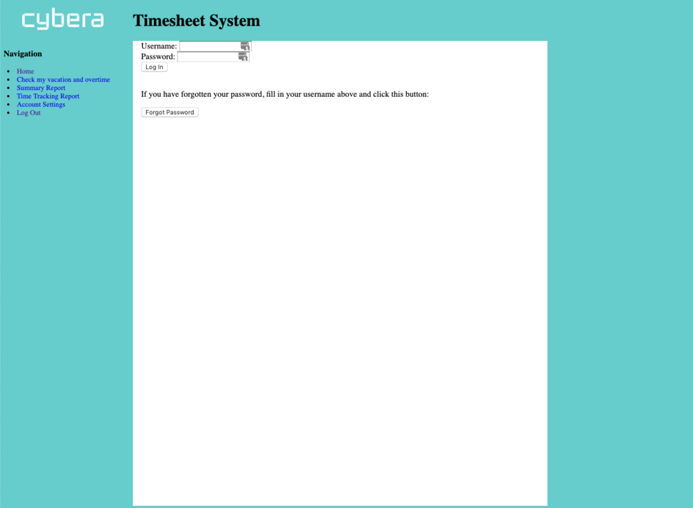 Old login page of Cybera’s timesheet system featuring a plain, teal-colored background with a simple layout. The page includes fields for ‘Username’ and ‘Password,’ a ‘Log In’ button, and a ‘Forgot Password’ button. Navigation links are displayed in a basic vertical menu on the left-hand side.