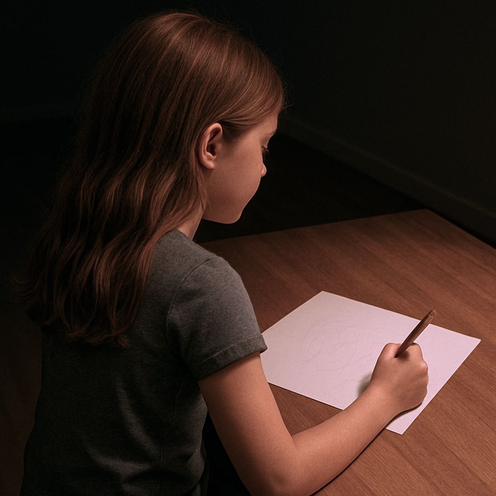 An AI-generated version of Evelyn drawing at the table