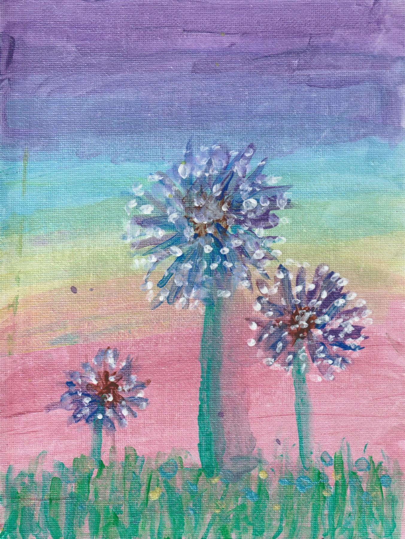 Purple dandelions in a field from an insect's perspective, with a multicoloured sky.