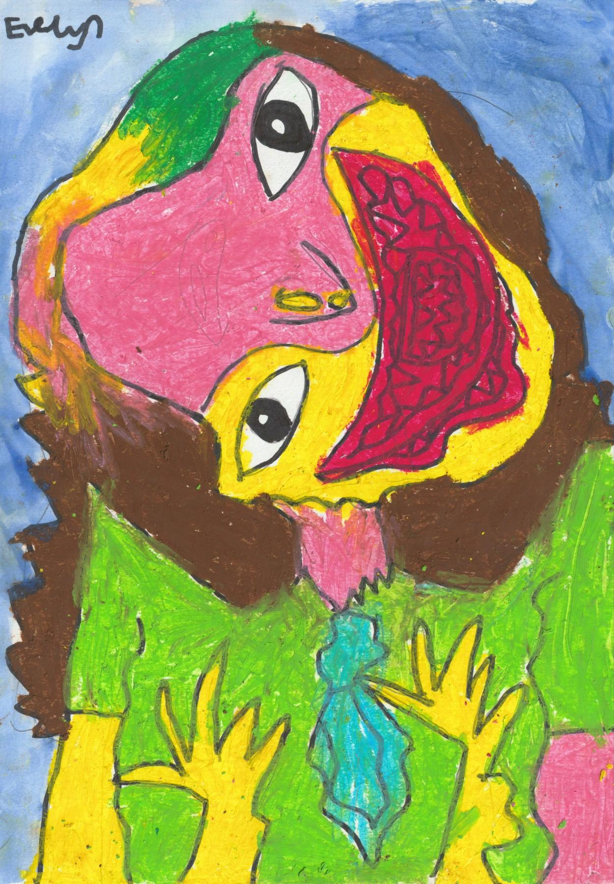 Me with a creepy sideways glance and many red mouths inside each other, and pointy fingers.