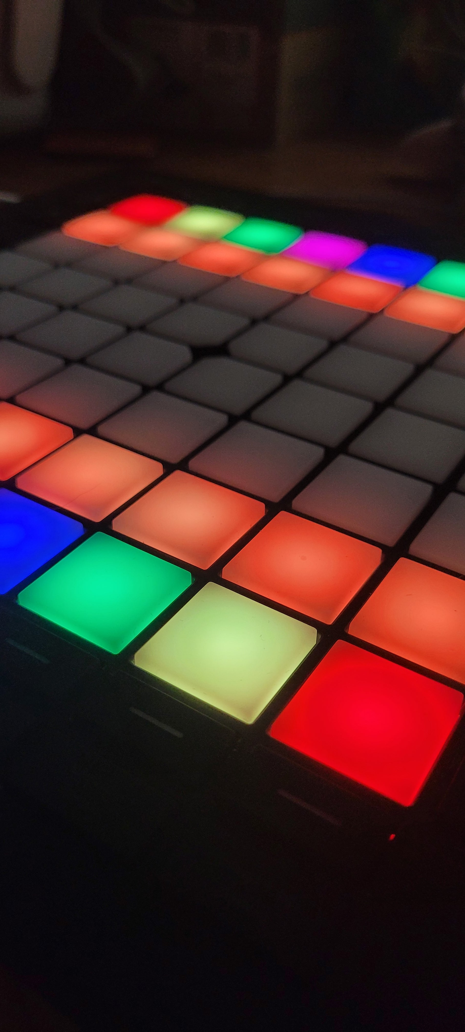 A close-up of the LEDs lit up on the board.