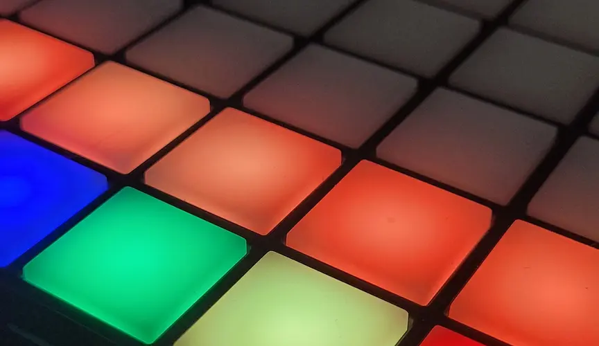 A close-up of the LEDs lit up on the board.