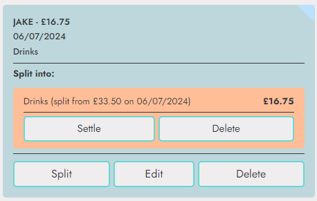 A screenshot of a 'split' payment within the app.
