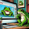 A frog sat next to a computer monitor showing a website about frogs.