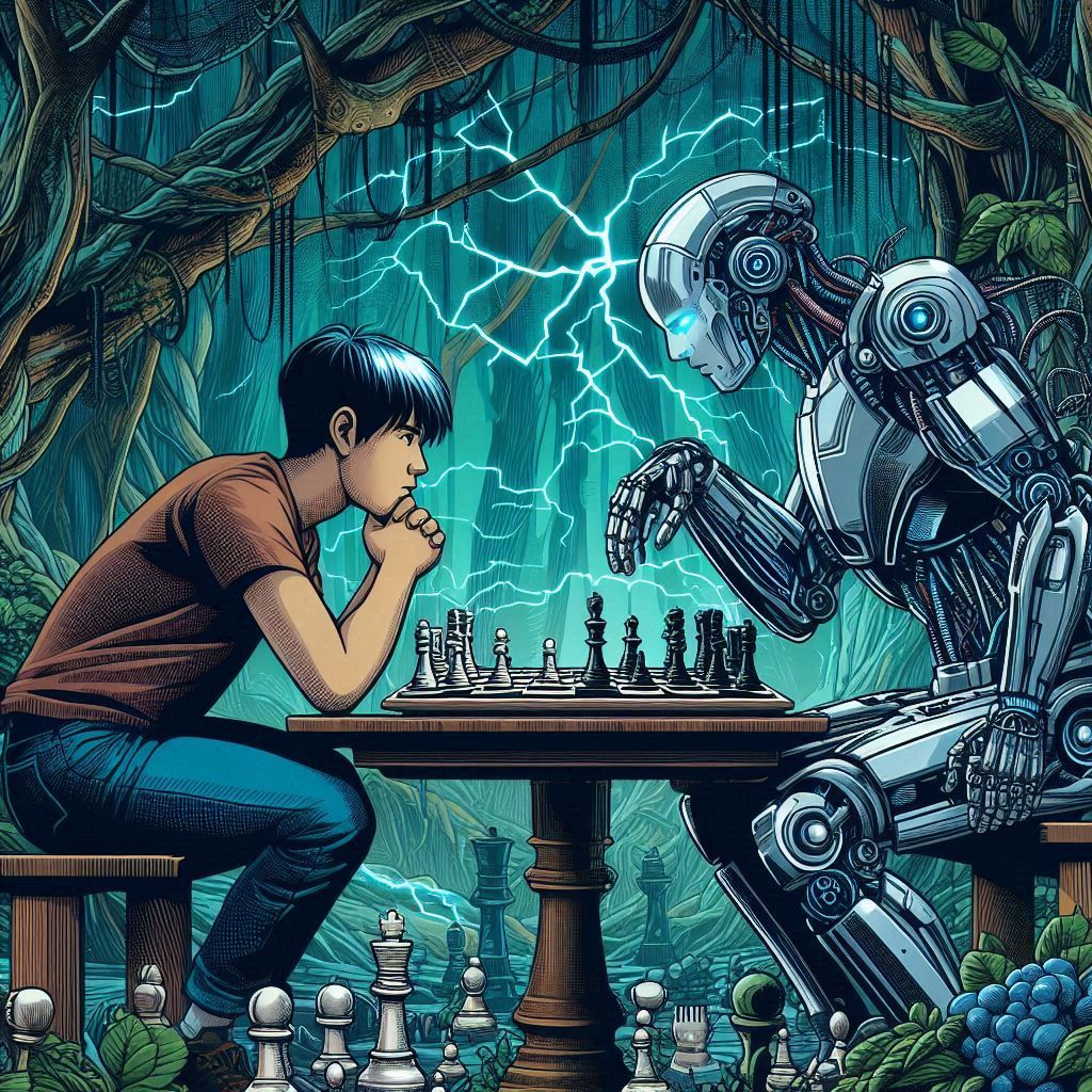 A robot playing chess against a man