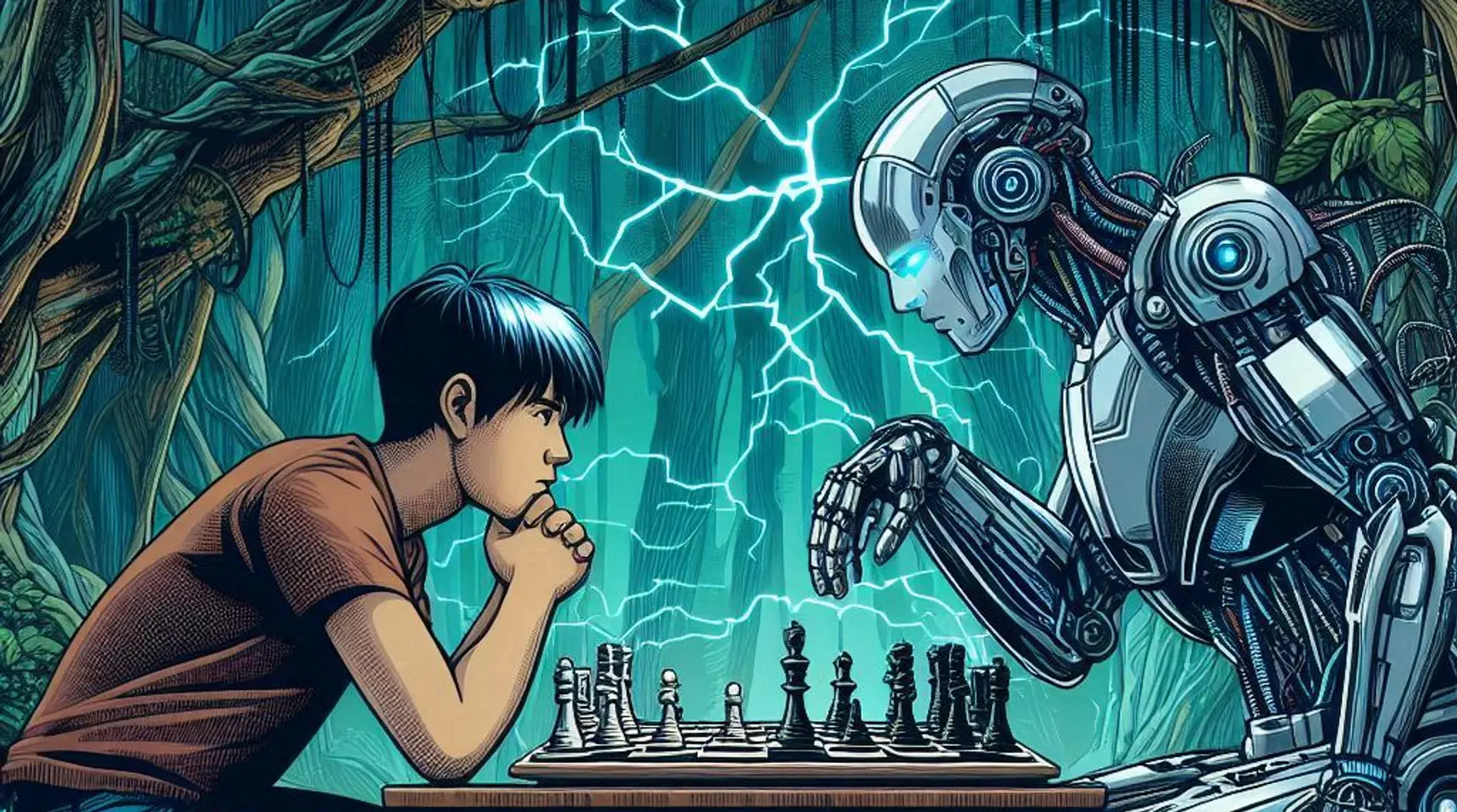 A robot playing chess against a man