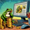 A frog sitting on a pile of money, next to a computer screen