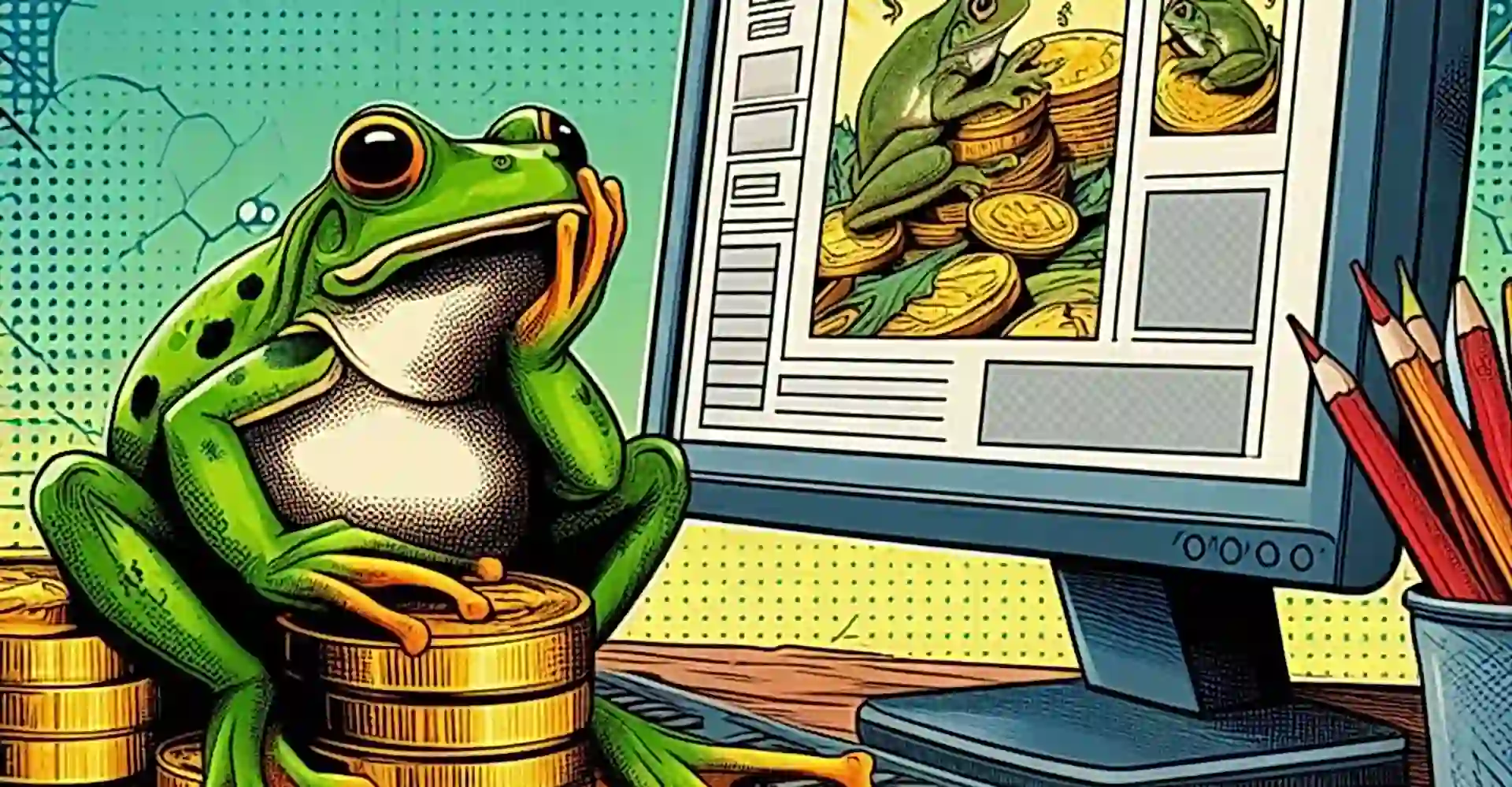 A frog sitting on a pile of money, next to a computer screen