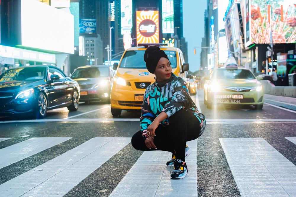 New York, USA. 9th September, 2018. Yemi Alade poses on the street of Time Square. Photographed Michael Tubes.