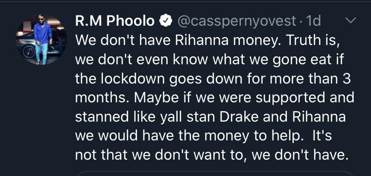 South African Rapper Cassper Nyovest’s tweet about covid-19