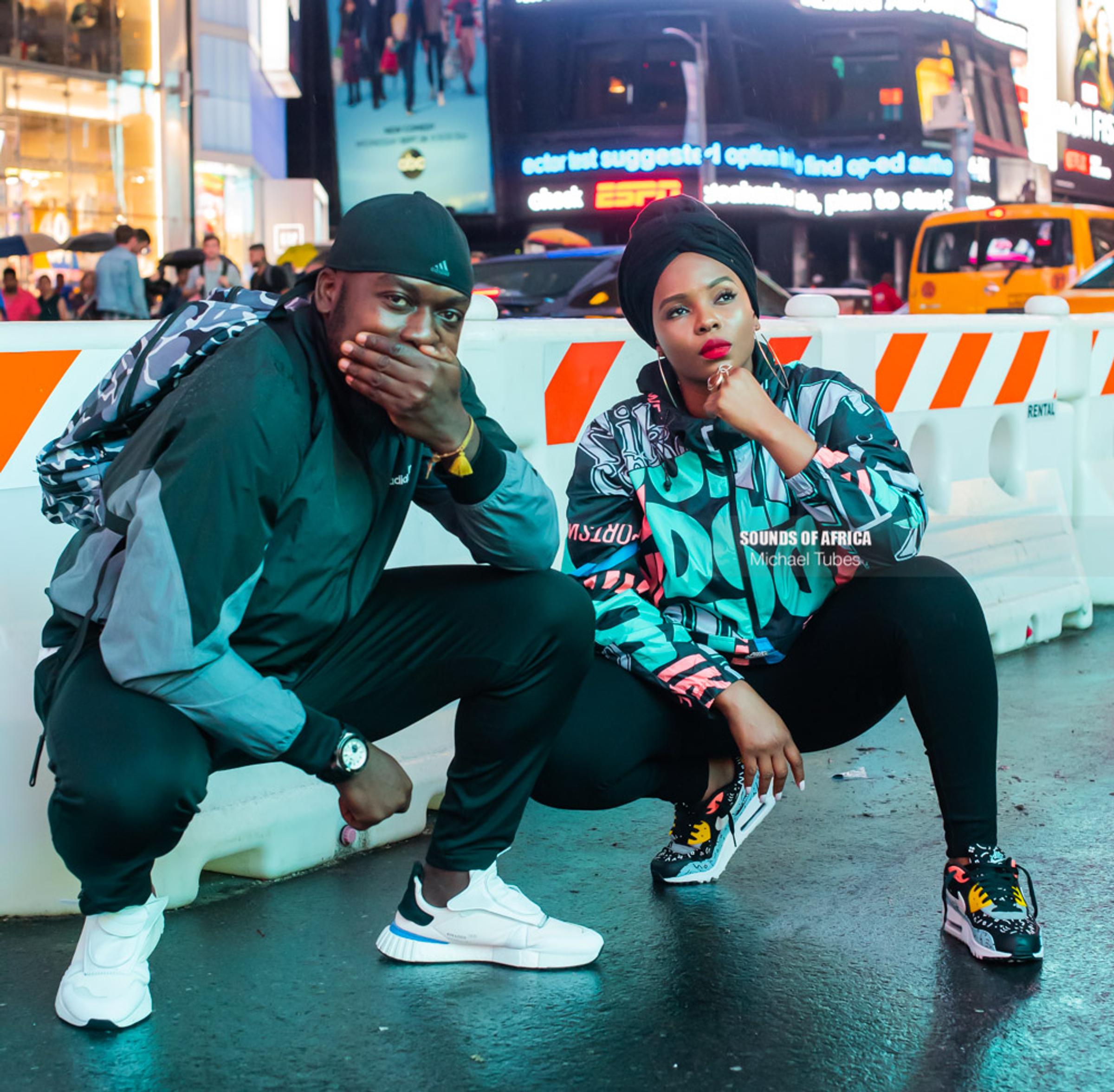 New York, USA. 9th September, 2018. Yemi Alade and her Manager Taiye Aliyu poses on the street of Time Square. Photographed Michael Tubes.