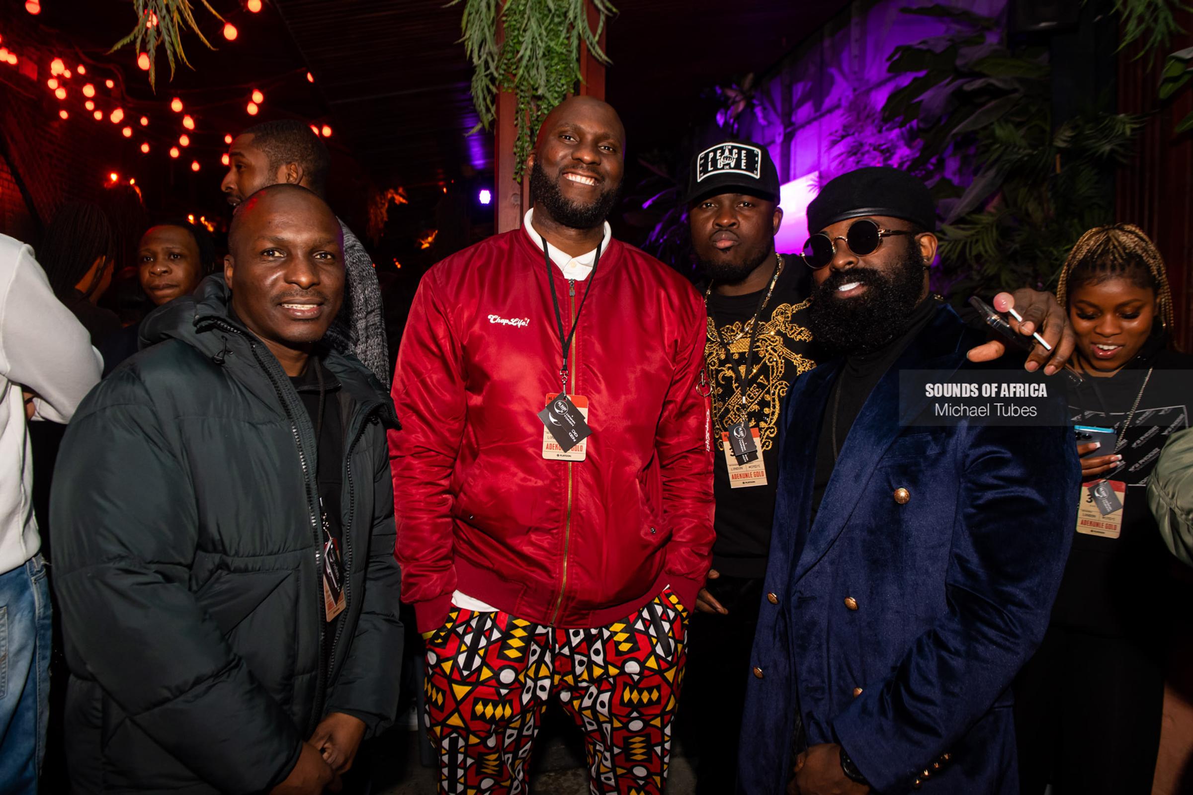 London, UK. 3rd February 2022. DJ Edu, Presenter Shope Olajide, DJ SO Good and Promoter Smade at Adekunle Gold’s ‘Catch Me If You Can’ album listening party. Photographed by Michael Tubes