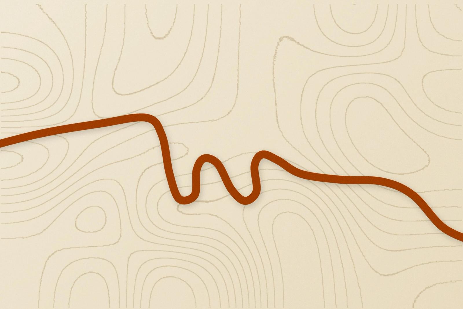 A terracotta route line winding over topographic contours