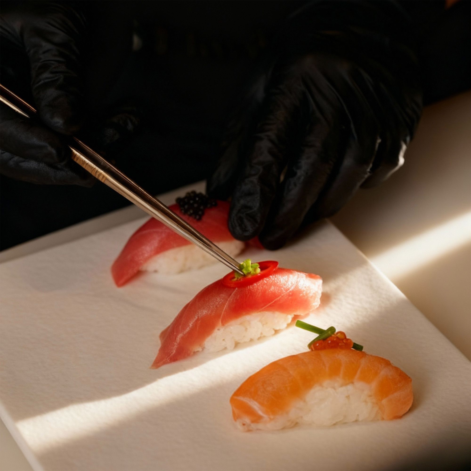 Sushi on a white square plate with hands in black gloves placing chives on top with tweezers