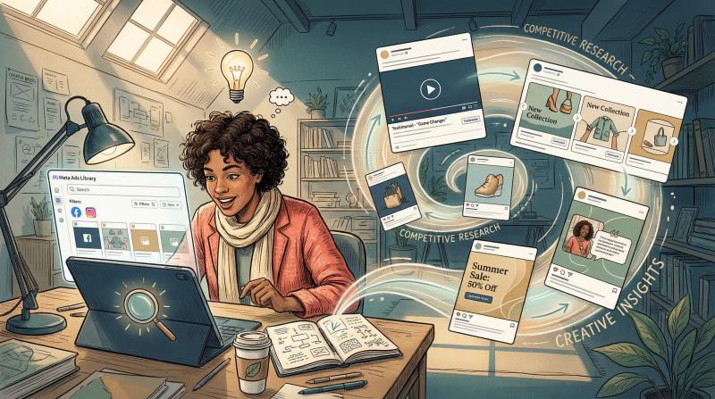Hand-drawn illustration of a digital researcher or marketer analyzing competitor ads with creative inspiration flowing around them, featuring the Meta Ads Library interface elements in artistic style