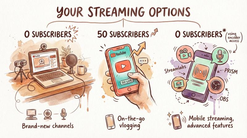 Hand-drawn artistic comparison of three YouTube live streaming methods showing desktop, mobile, and third-party app options with subscriber requirements