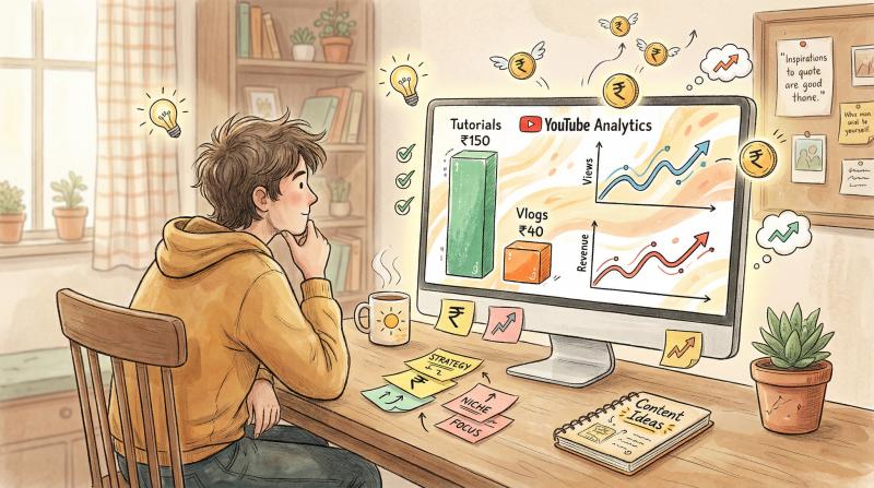 Hand-drawn illustration of creator analyzing YouTube Analytics dashboard showing RPM data and content strategy insights