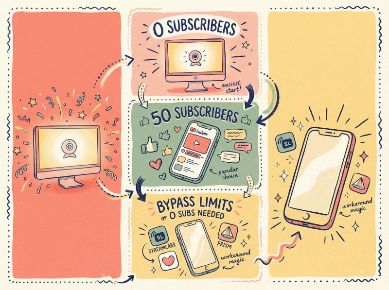 Hand-drawn editorial illustration showing three streaming paths with subscriber counts: desktop at zero, mobile at 50, and third-party apps bypassing limits
