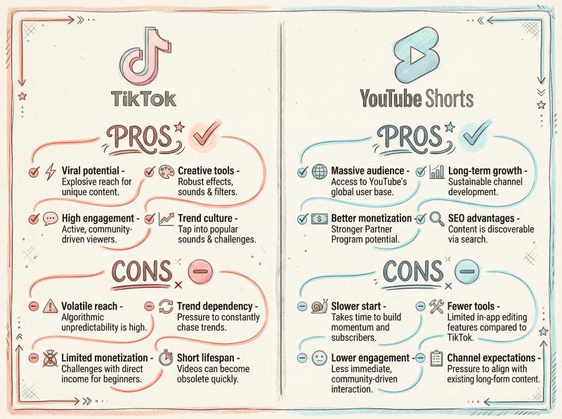 Hand-drawn comparison chart showing TikTok vs YouTube Shorts pros and cons for beginner creators