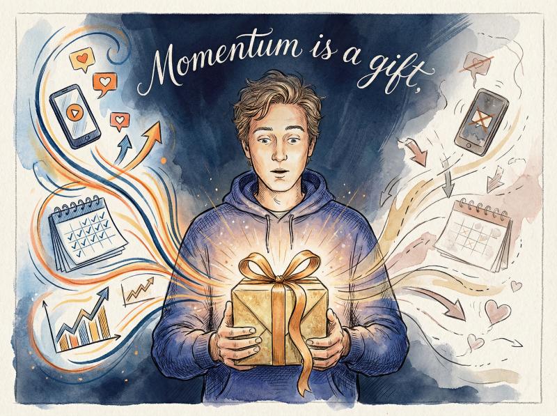 Hand-drawn illustration of creator holding glowing viral momentum gift at a crossroads between growth and missed opportunity
