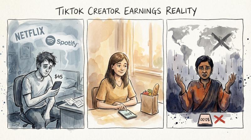 Hand-drawn triptych showing three TikTok creators with different earnings: $45 disappointment, $370 modest success, and $0 geographic exclusion