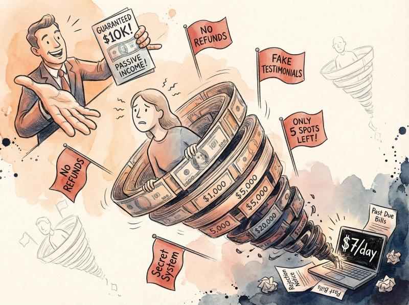 Hand-drawn editorial illustration showing a person caught in a funnel-shaped trap labeled with dollar signs and red flags