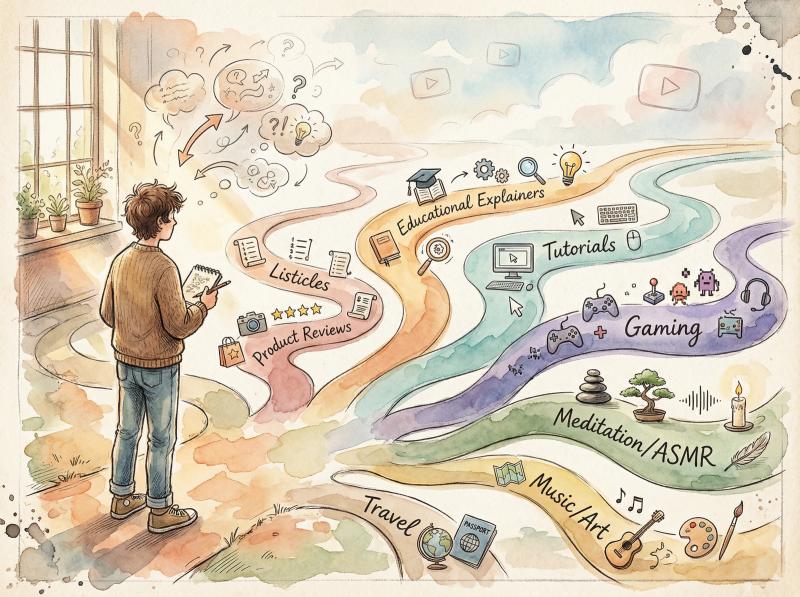 Artistic illustration of creator choosing between different YouTube niche paths at a creative crossroads