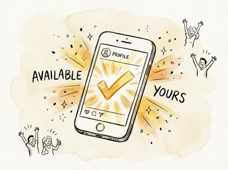 Hand-drawn illustration of the definitive username verification moment showing golden checkmark confirmation on stylized smartphone