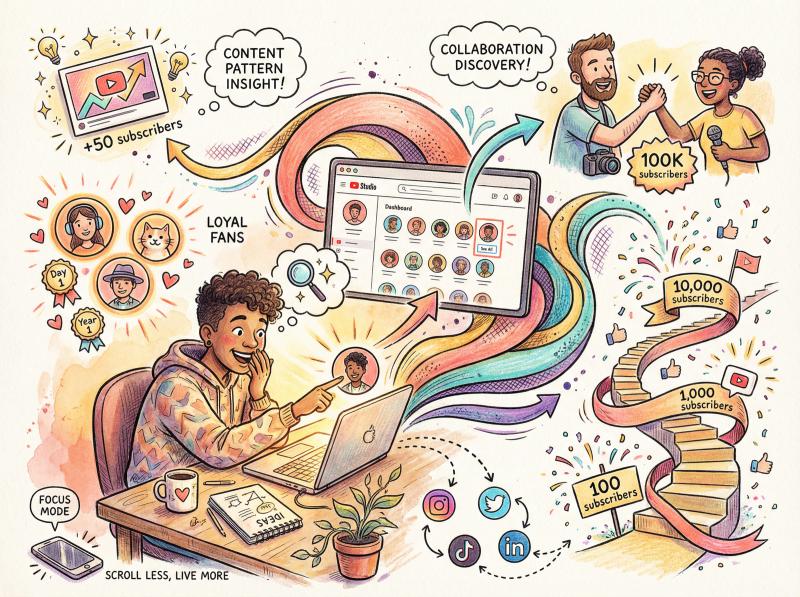 Hand-drawn illustration of a creator's journey upward with subscriber milestones, collaboration handshakes, and community connections radiating outward in vibrant artistic style