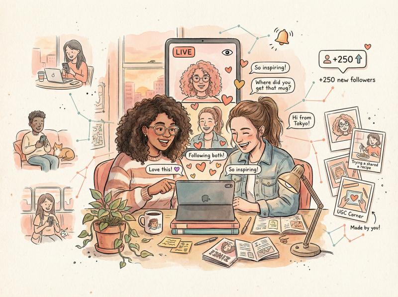 Hand-drawn illustration of two creators collaborating on Instagram Live, showing authentic connection and community building through digital interaction