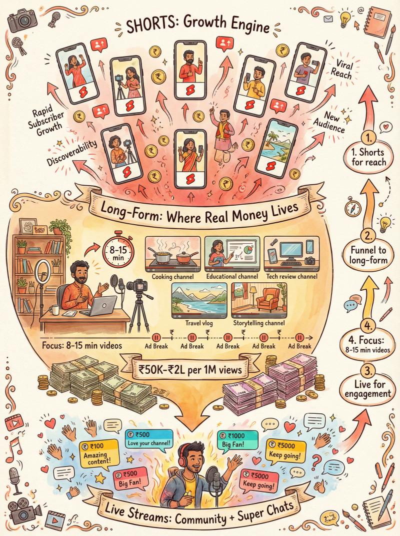 Hand-drawn funnel showing YouTube Shorts leading to long-form videos and live streams for maximum creator earnings