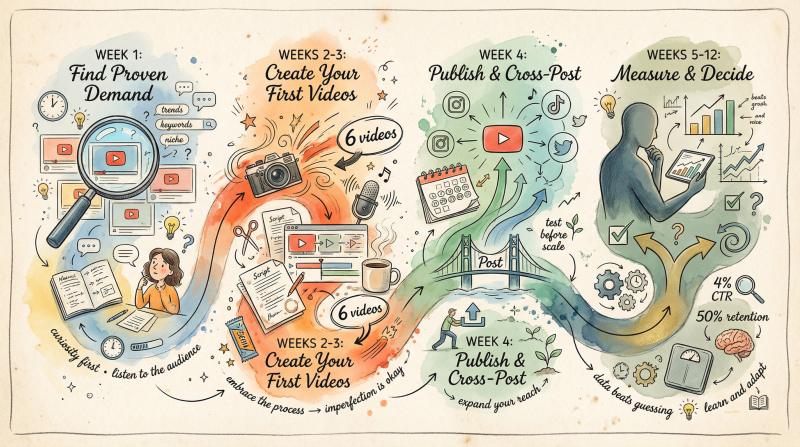Hand-drawn illustration showing a 90-day YouTube automation testing journey with four distinct phases from research to evaluation