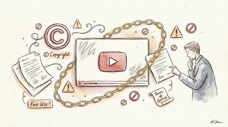 Hand-drawn editorial illustration showing YouTube content surrounded by legal boundary symbols and copyright markers