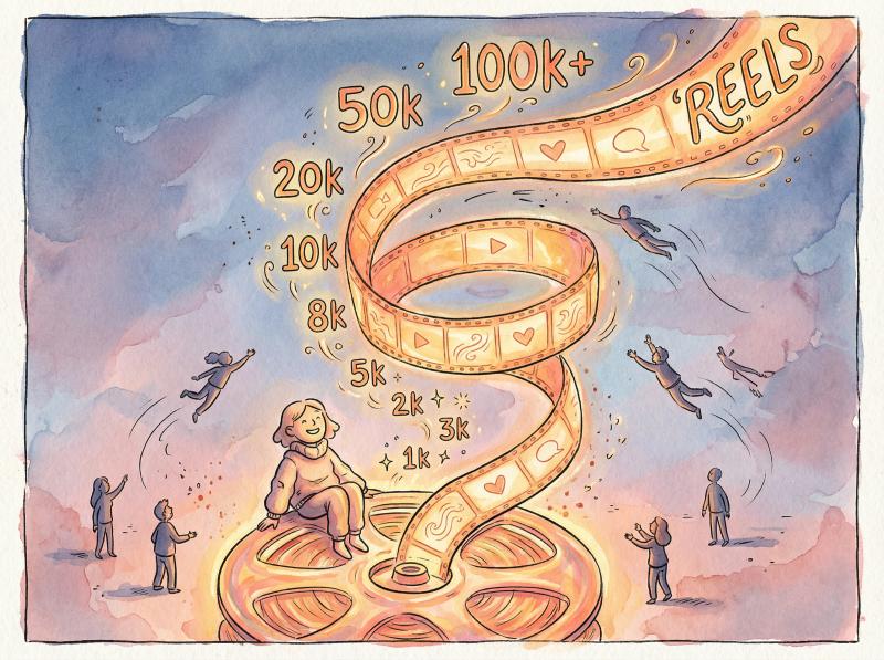 Hand-drawn illustration showing a creator launching into the sky powered by a reel of film unspooling like a rocket, with follower count numbers floating up like stars and small figures being pulled in by the magnetic energy
