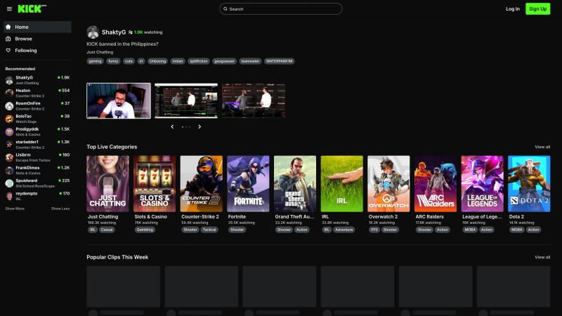 Kick streaming platform homepage showcasing creator-friendly 95/5 revenue split and live streaming features